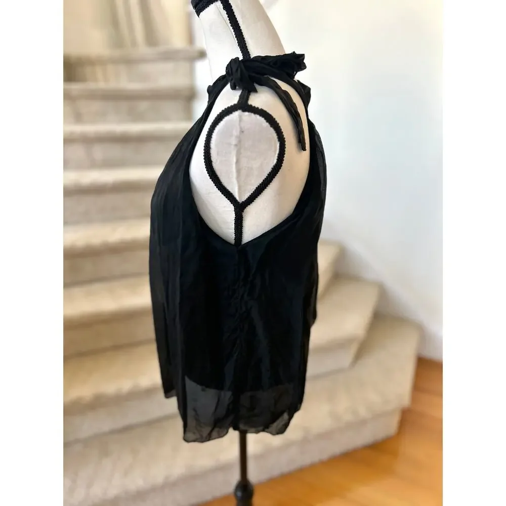 Made in Italy Black Silk High Tie Neck Blouse Whimsygoth Coquette Romantic - Picture 3 of 7